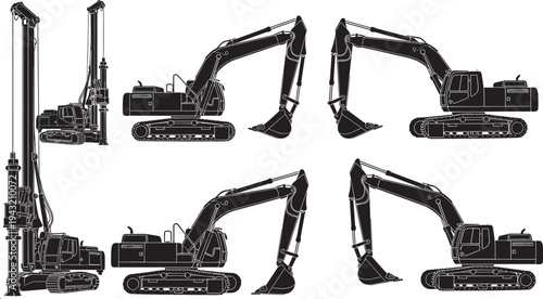 Black silhouette set of heavy excavators, crawler excavator machines, drilling rig pile driver, construction equipment side views, industrial machinery vector collection