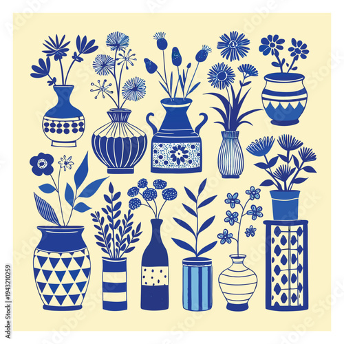 Blue Floral Still Life Illustration in Vases