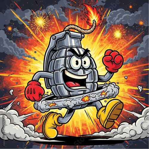 Cartoon Bomb Character Running with Fists.