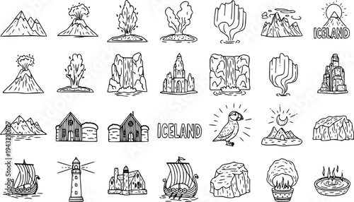 Iceland travel doodle icon set with volcano geyser waterfall puffin and nordic landmarks vector