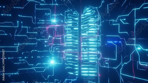 Abstract Digital Brain Circuitry with Neon Lights.