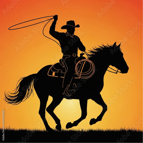 Cowboy Riding Horse with Lasso Silhouette.