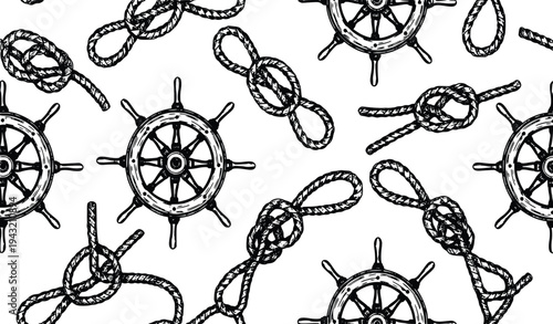 Vintage nautical seamless pattern with ship wheel and knot rope hand drawn marine vector