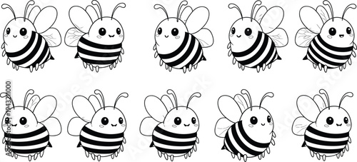 Collection of cute honey bee characters in black and white line art style isolated on white background for children coloring pages
