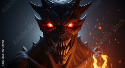 A closeup of a demon with glowing red eyes and sharp teeth surrounded by flames