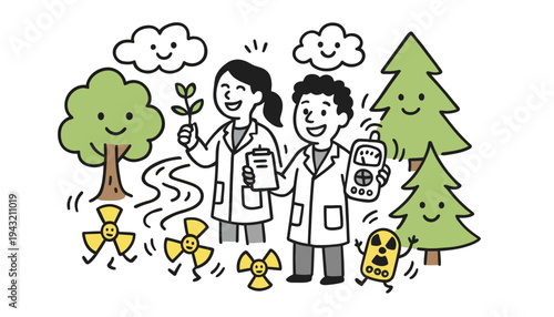 Environmental scientists in lab coats with a tree and radiation symbols