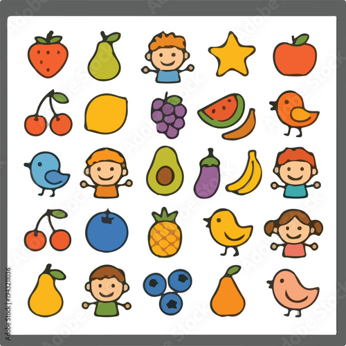 Cute Kawaii Fruits, Kids and Birds Cartoon Icon Set for Children Education