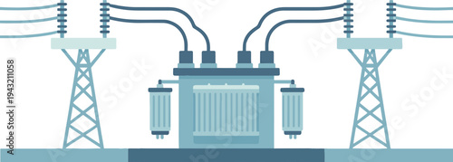 An illustration depicts an electrical transformer station with towers and wires.