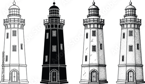 Lighthouse illustration set in outline, solid, sketch and textured styles vector maritime navigation tower icons for coastal design and nautical themes