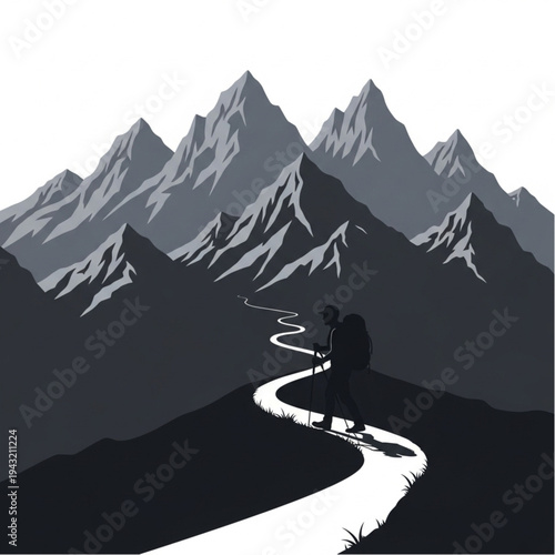 Hiker Walking on Winding Mountain Trail.