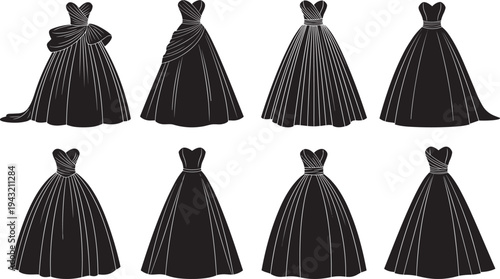 Black ball gown silhouettes, elegant princess dresses with sweetheart necklines, full skirts, bows and trains, vector line art illustration set for fashion design
