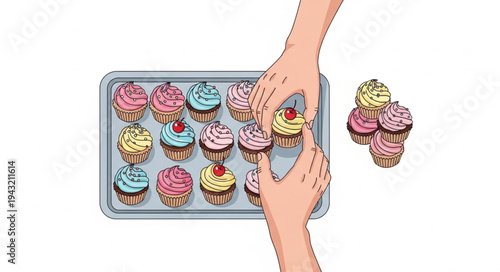 Hands Arranging Colorful Frosted Cupcakes.