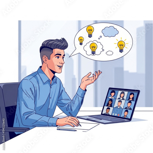 Man having online meeting on laptop.