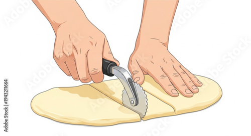 Hands cutting dough with a pizza cutter for baking.