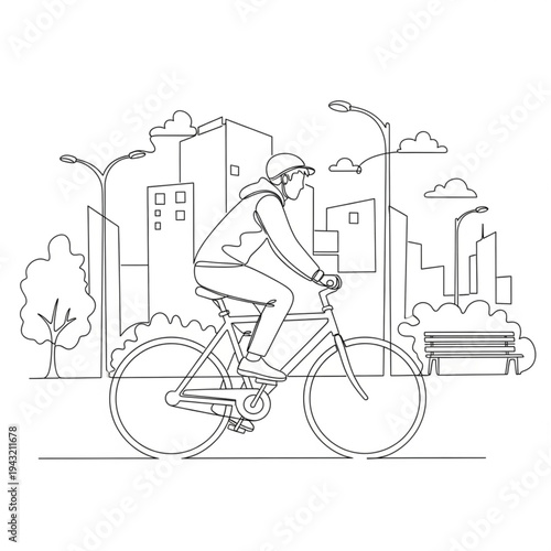 Man Riding Bicycle in City Scene.