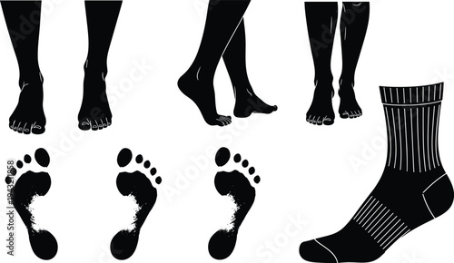 Vector illustration of human feet silhouettes, footprints, and sock design, black artwork concept for anatomy, footwear, movement, podiatry, clothing design