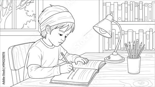 Child studying at desk with lamp and books, focused on homework