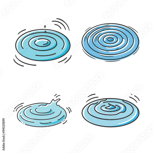 Four stylized water ripple icons, representing drops and waves in blue liquid