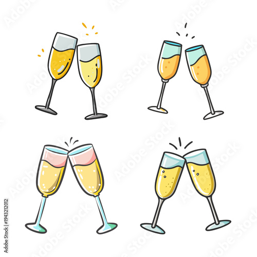 Four pairs of champagne glasses clinking together in celebration