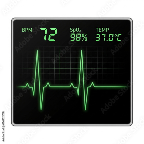 Medical Monitor Displaying Heart Rate and Vital Signs.
