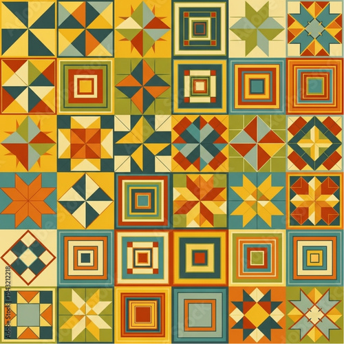Colorful Geometric Quilt Pattern with Squares and Stars.