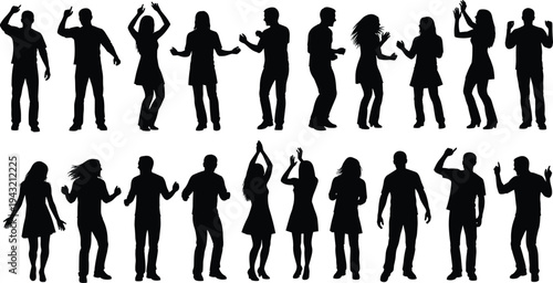 Collection of dancing people silhouettes expressing party energy, music rhythm and joyful celebration for nightlife and festival event design