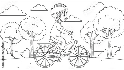 Child on Bicycle Coloring Page, Outdoor Activity, Line Art