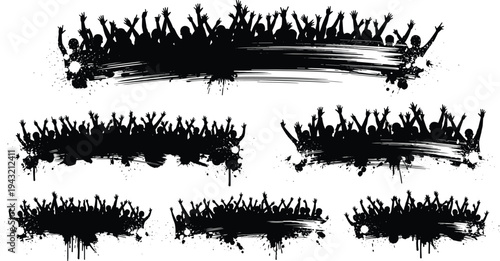 Crowd silhouettes with raised hands over grunge paint banners representing concert audience, festival energy and cheering people background design