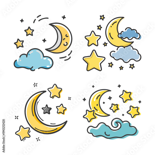 Starry night sky scenes with crescent moon and clouds, celestial illustration