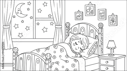 Child sleeping peacefully in bed at night, moon and stars outside window