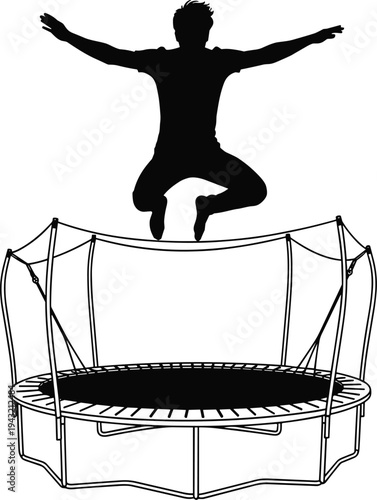Silhouette of boy jumping on trampoline expressing fun, energy and outdoor activity with recreational fitness and childhood play concept