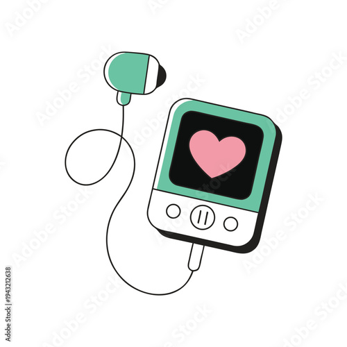 Green and white mp3 player with pink heart on screen and earphones attached