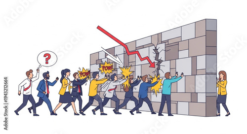 Group Of Businesspeople Walking Into Barrier Wall.