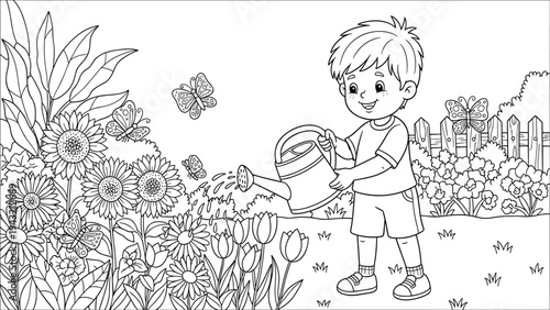 Boy watering flowers in garden with butterflies, line art illustration