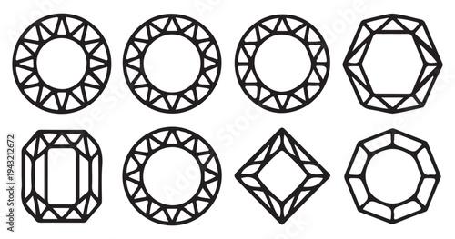 Sparkling round brilliant cut diamond outline icon set. vector illustration eps 10