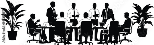 Cad drawing flat vector illustration, business people group silhouette sitting at conference table in meeting room with plants for corporate teamwork