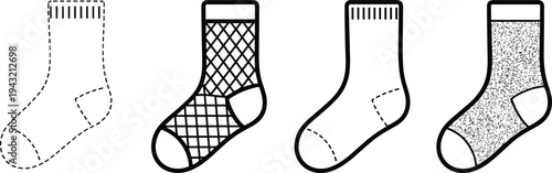 Set of four sock vector illustrations showing outline template, patterned knit texture and filled fabric styles for clothing design and apparel mockups