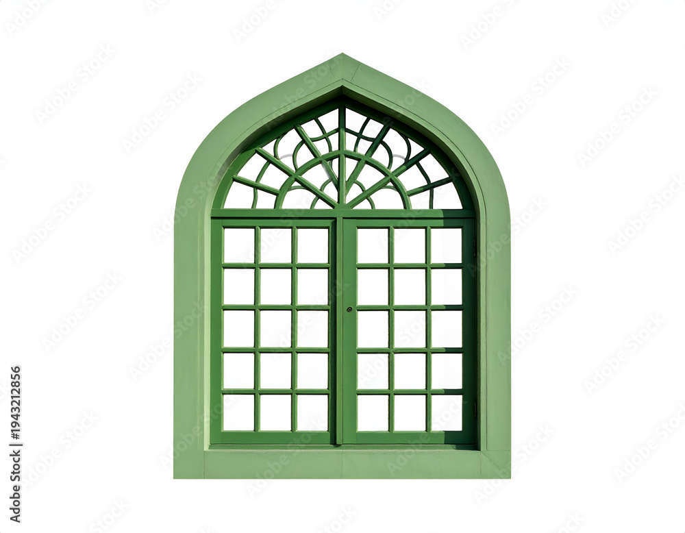 Fototapeta premium Ornate green arched window with intricate lattice detail