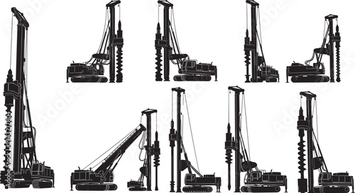Black silhouette collection of crawler pile drivers, foundation drilling rigs with augers, masts and winch systems in various configurations, heavy construction vector set