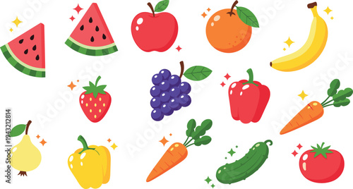 Fresh fruits and vegetables collection with watermelon apple orange banana grape strawberry carrot pepper cucumber tomato vector illustration set