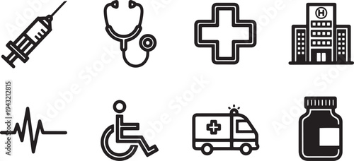A set of vector line art medical icons including a syringe, stethoscope, and hospital building in silhouette