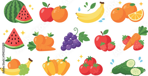 Fresh fruits and vegetables collection with watermelon apple banana orange grape strawberry carrot tomato cucumber vector illustration set