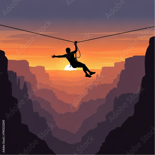 Man on Zip Line at Sunset.