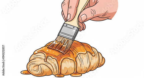 Hand Brushing Glaze Onto Golden Croissant Pastry.