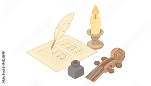 A musical instrument and writing tools icon set with a candle