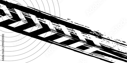 Vector black-and-white tire tracks and skid marks isolated white background. Tire trace track wheels texture and background, Auto tire tread grunge, Car wheel tyre tread track black tyre print,