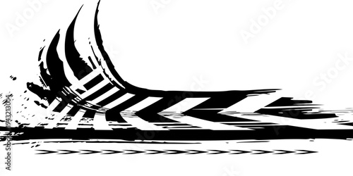 Vector black-and-white tire tracks and skid marks isolated white background. Tire trace track wheels texture and background, Auto tire tread grunge, Car wheel tyre tread track black tyre print,