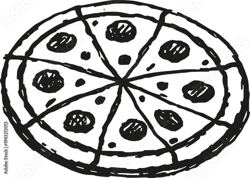 Hand-drawn sketch of a whole pepperoni pizza cut into eight slices