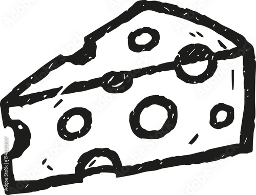 Hand drawn sketch of a wedge of Swiss cheese with holes, isolated on white background