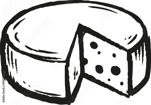 Hand drawn sketch of a round cheese wheel with a slice cut out revealing holes